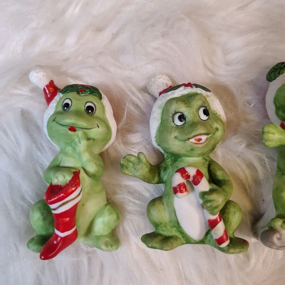 Lefton Japan Christmas Candy Cane Stocking VTG Frog Figurine X4 Set